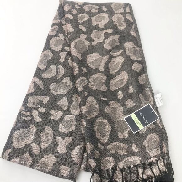 West Loop Black Taupe Metallic Leopard Print Jacquard Fringe Scarf NEW - Picture 3 of 12